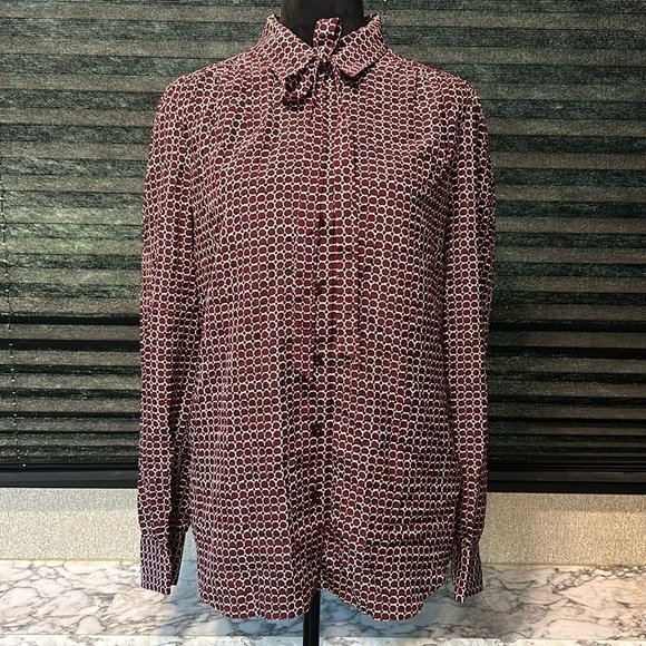 Kate Spade Women’s Silk LS Maroon Print Button Front Tie Neck Blouse Large NWT